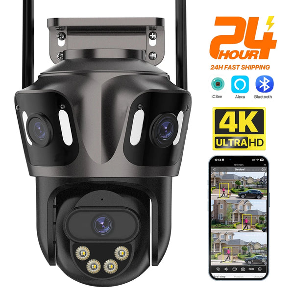 Three-Screen 4K WiFi IP Camera – AI Human Detection, Dual Lens PTZ, Waterproof CCTV Security Camera